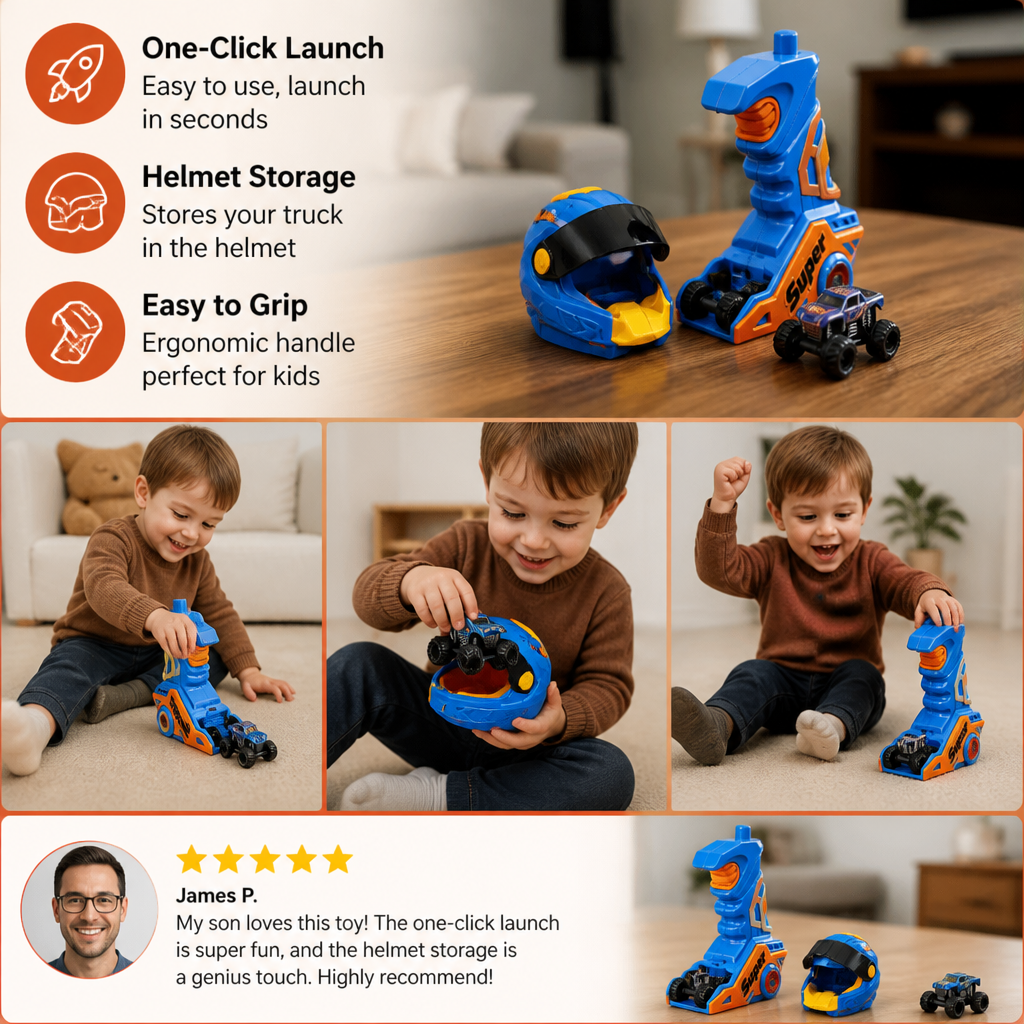 One-Click Monster Truck Launcher with Helmet & Handle Design