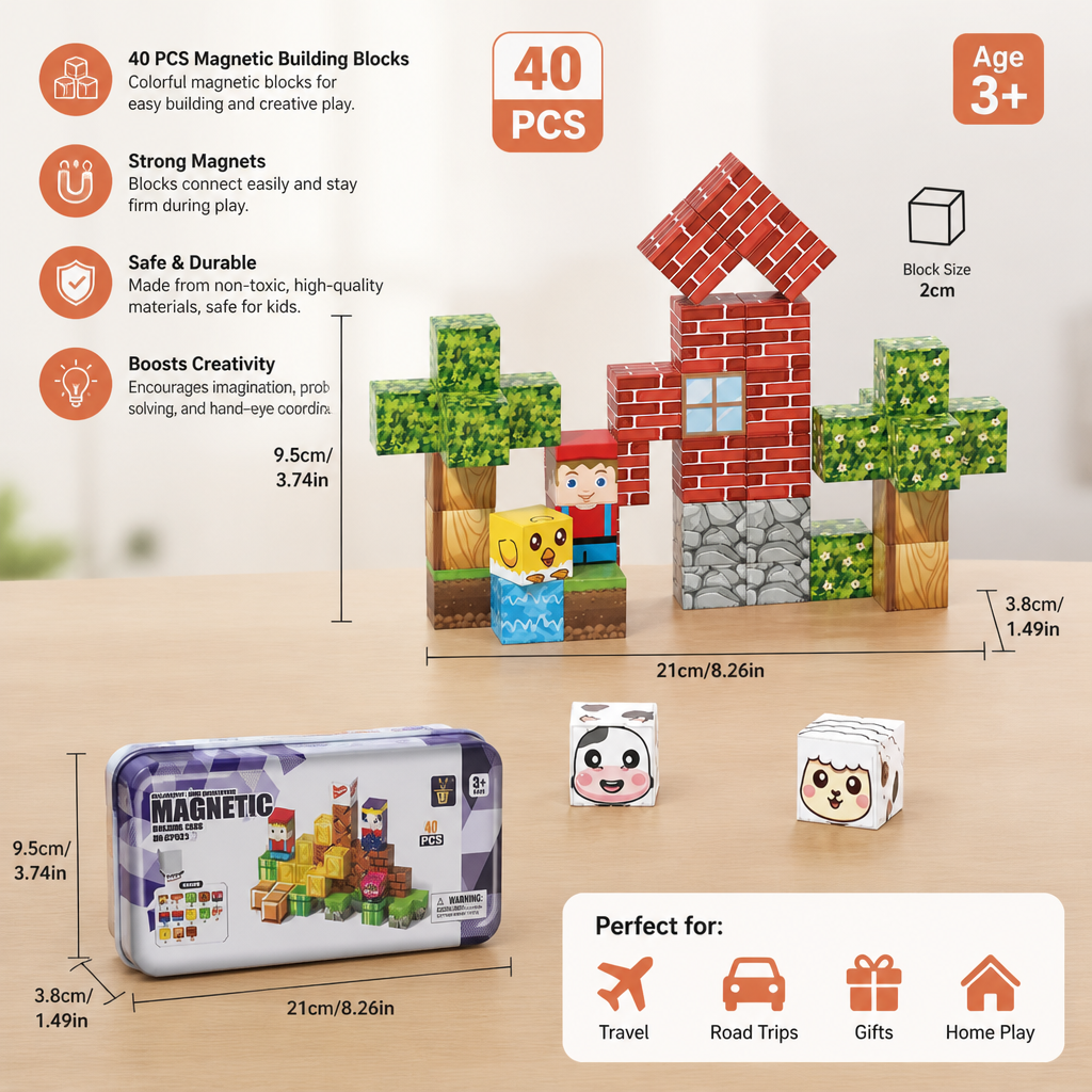 40-Piece Magnetic Building Blocks Set for Kids – Perfect for On-the-Go Fun