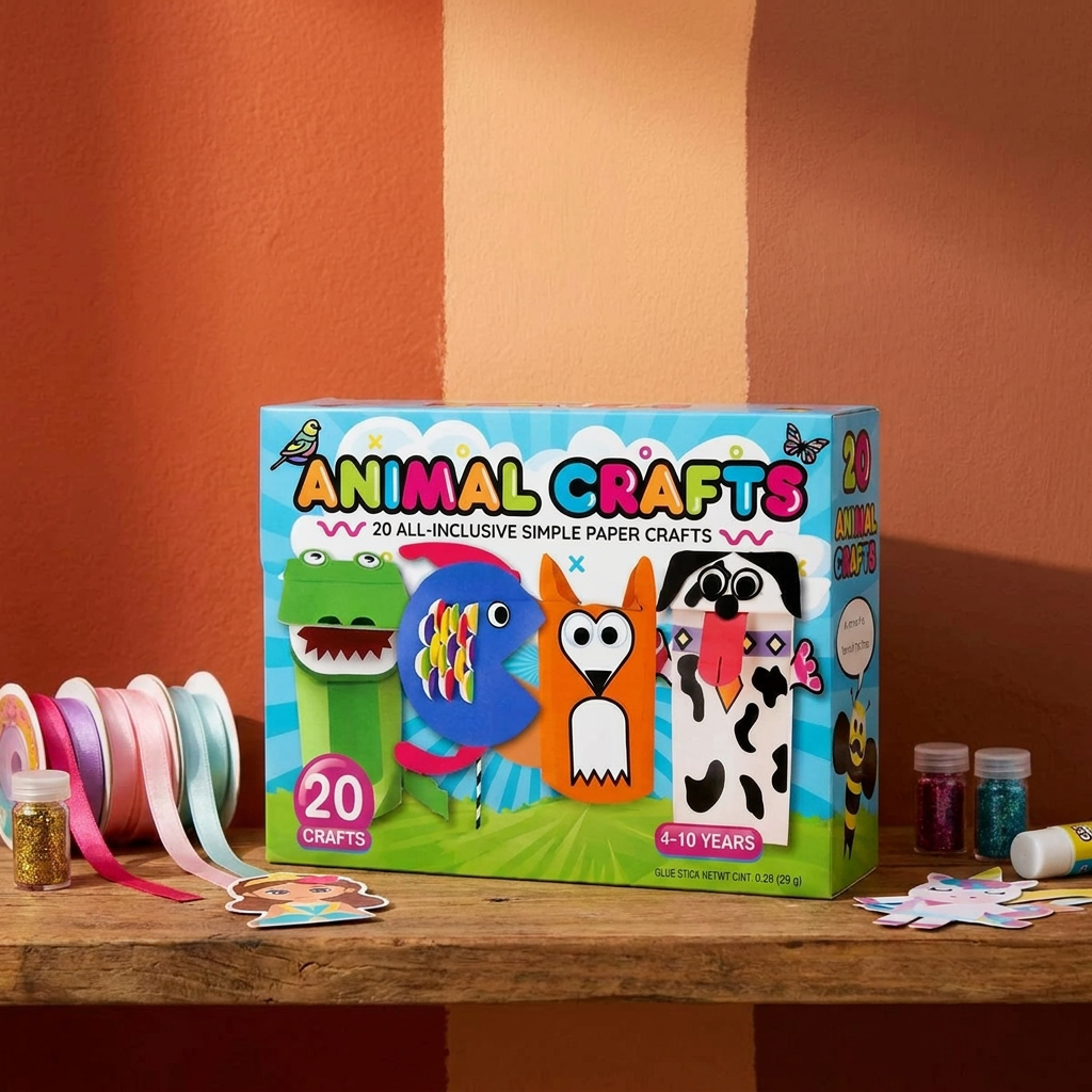 Kids Paper Crafts Box – 20 Easy DIY Arts & Crafts Projects for Ages 3–10 with Glue Stick, Tape & Envelopes