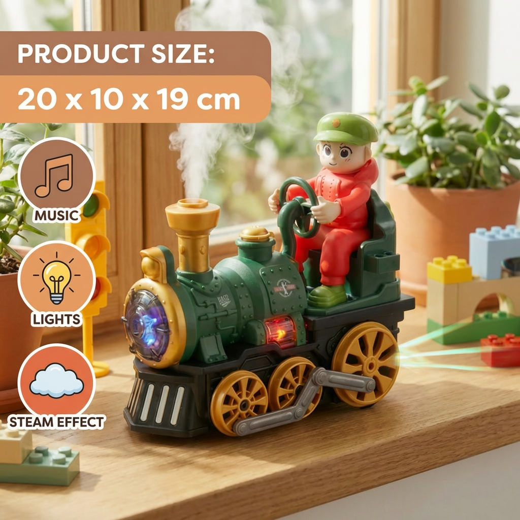 Cute Steam Train Toy with Lights, Music & Realistic Steam Effect