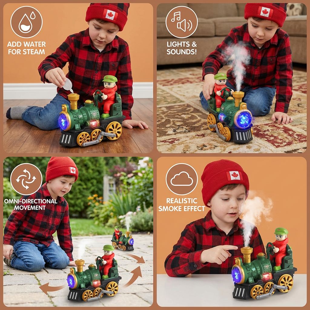 Cute Steam Train Toy with Lights, Music & Realistic Steam Effect