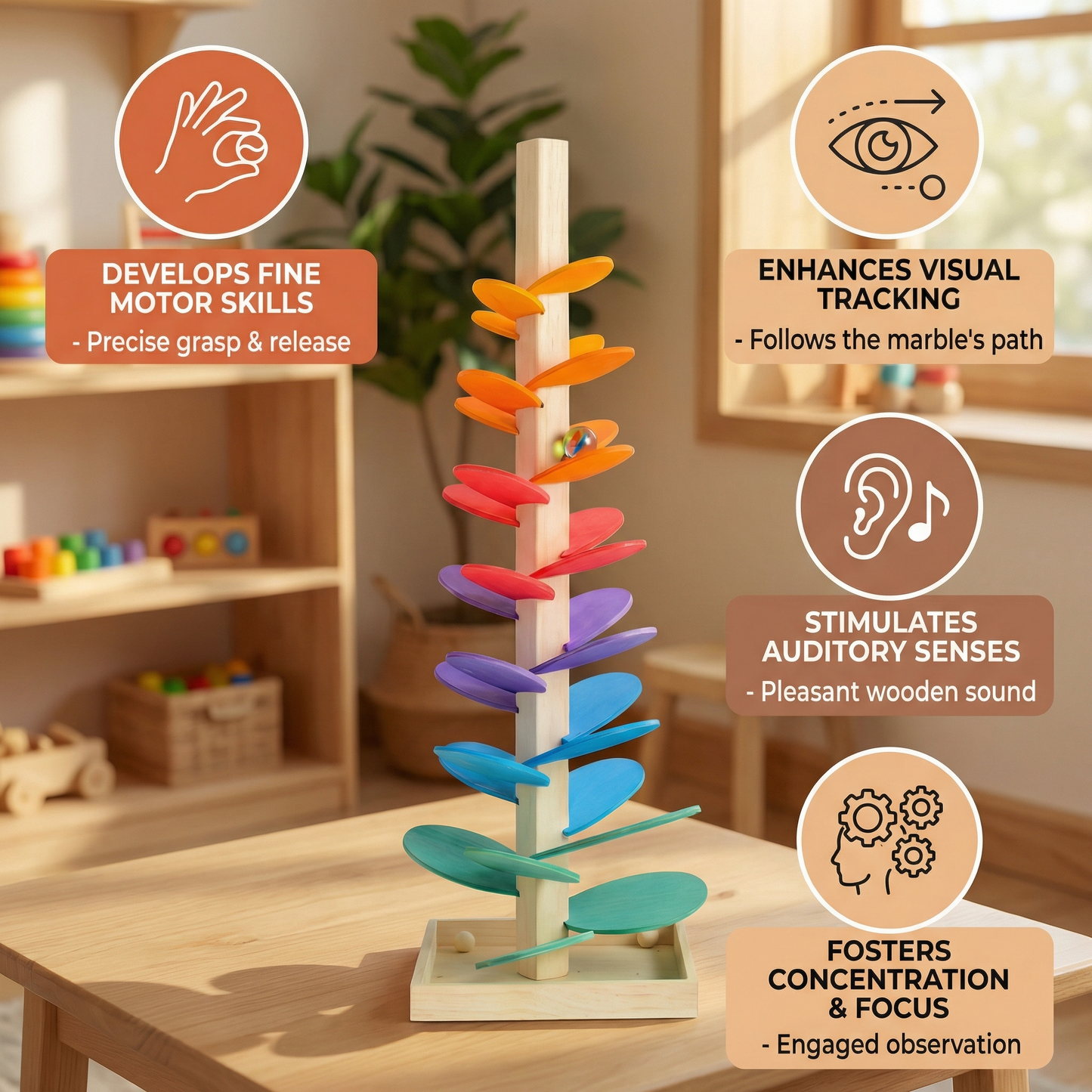 Montessori Rainbow Marble Wooden Tower