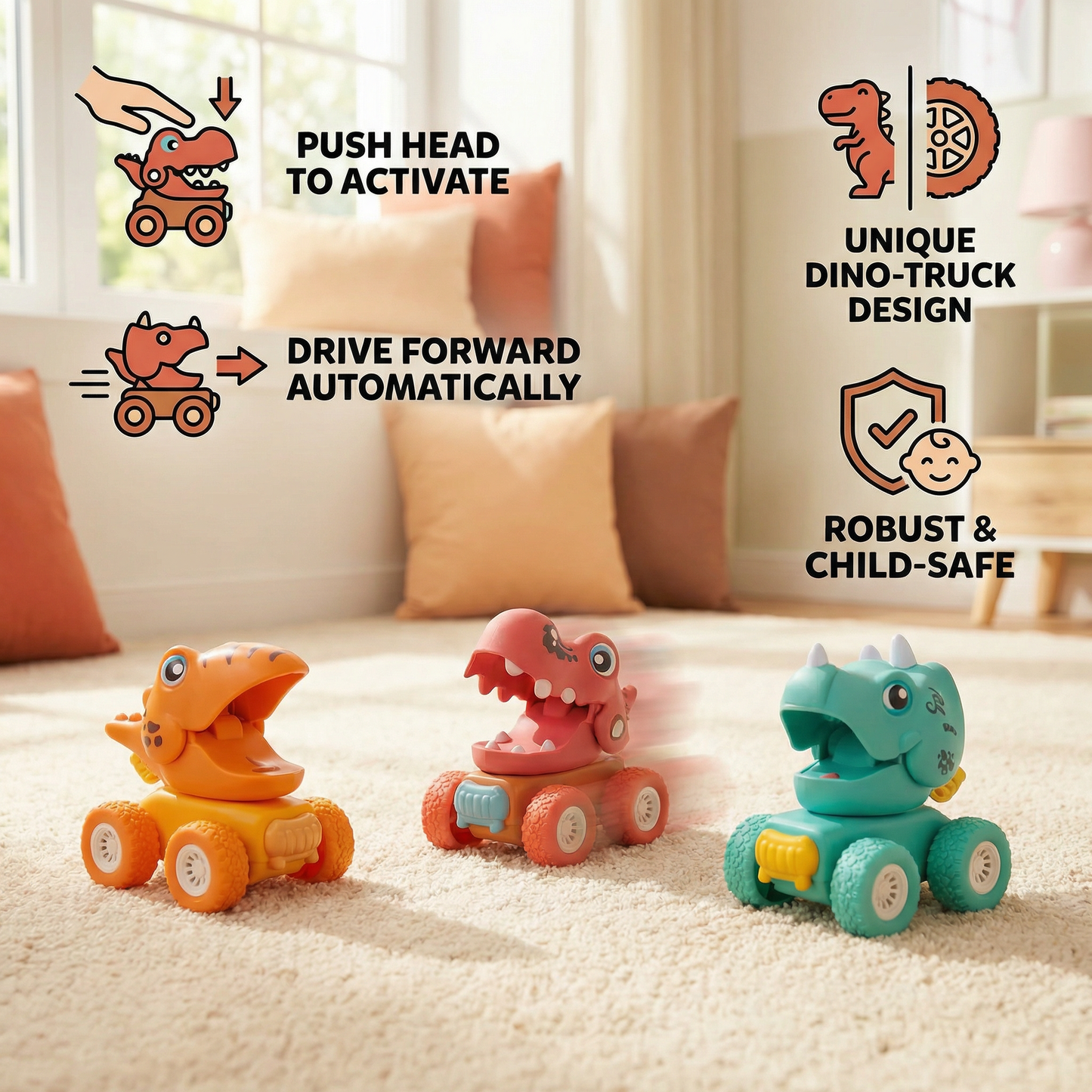 PUSH & DRIVE DINO MONSTER TRUCKS
