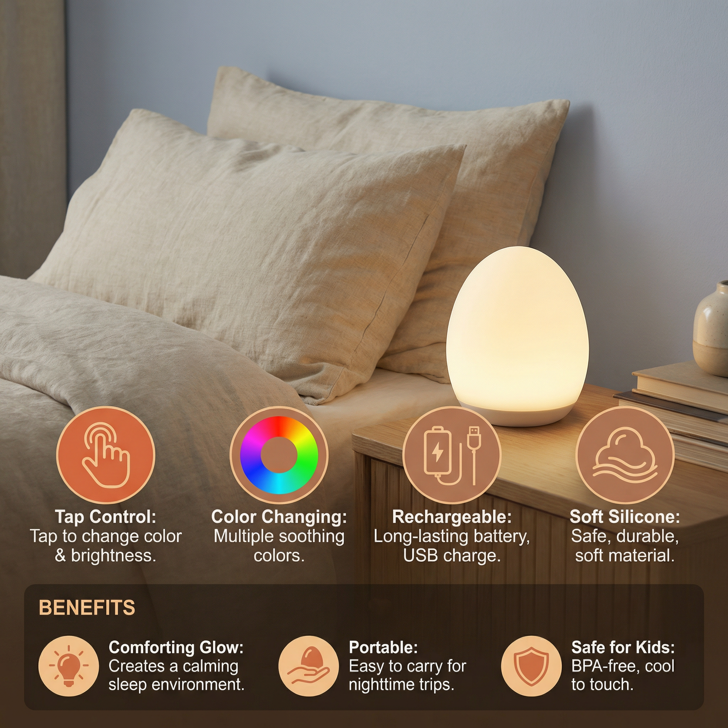 Egg-Shaped LED Night Light Made of Silicone