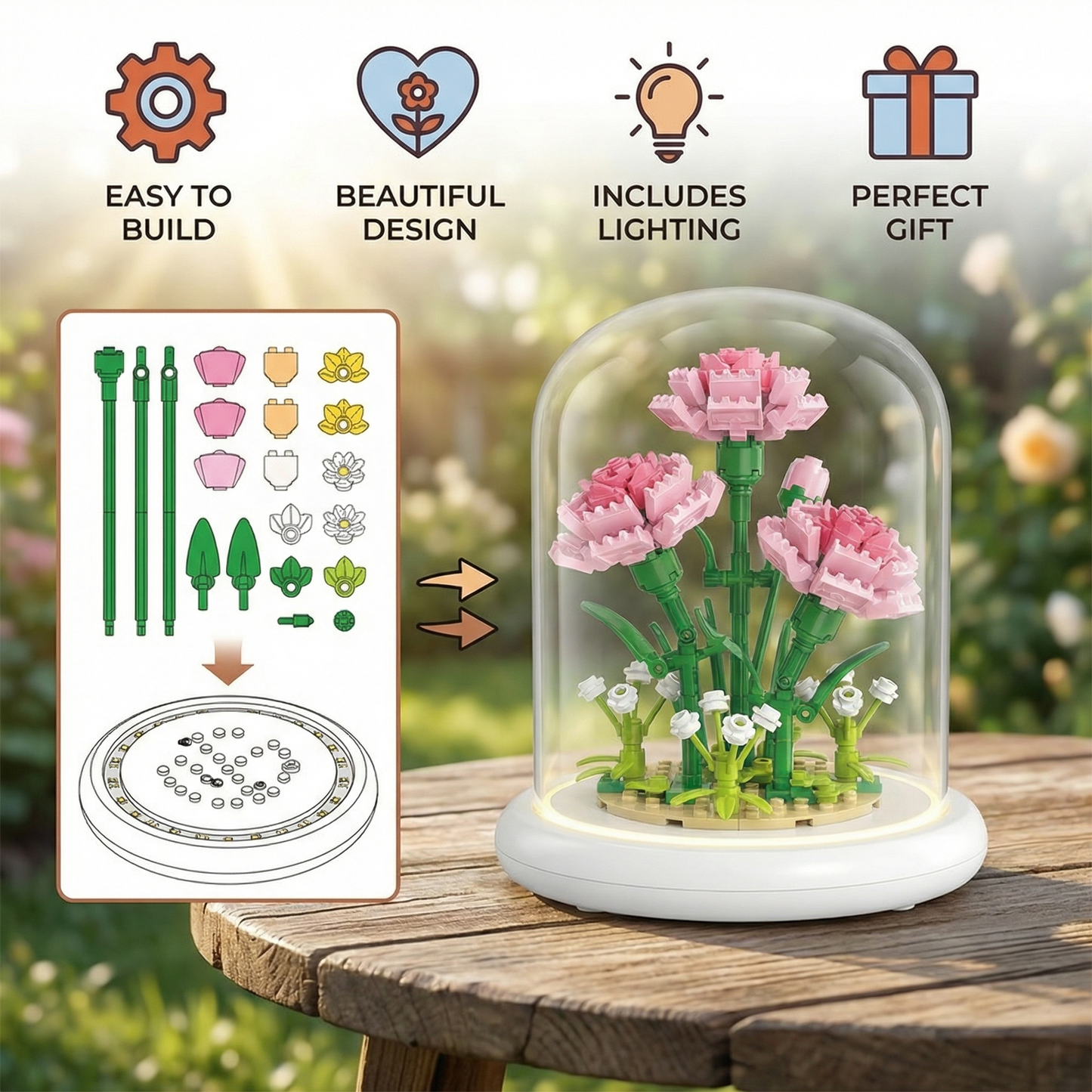 Elegant Building Block Flower in Glass