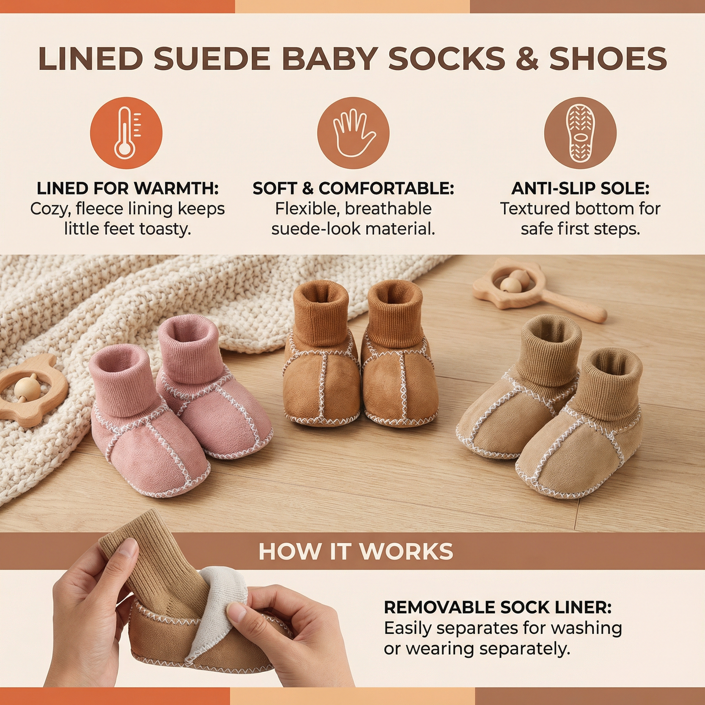Lined Baby Winter Socks and Shoes in Suede Look