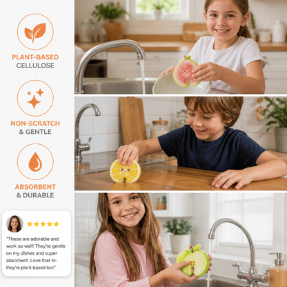 Fruit-Shaped Pop-Up Cellulose Sponges – 3-Pack of Plant-Based, Non-Scratch Kitchen Sponges