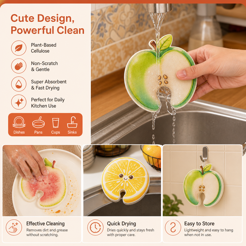 Fruit-Shaped Pop-Up Cellulose Sponges – 3-Pack of Plant-Based, Non-Scratch Kitchen Sponges