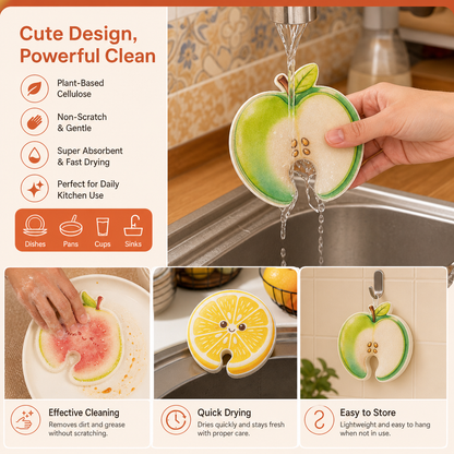 Fruit-Shaped Pop-Up Cellulose Sponges – 3-Pack of Plant-Based, Non-Scratch Kitchen Sponges