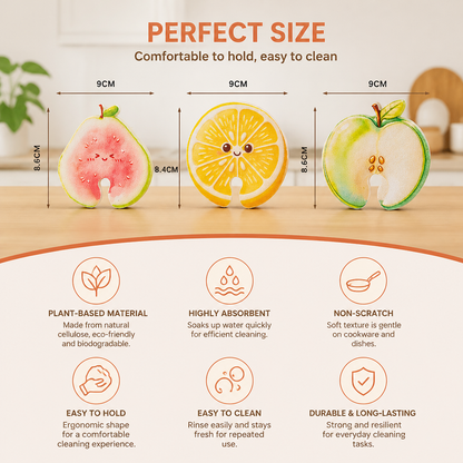 Fruit-Shaped Pop-Up Cellulose Sponges – 3-Pack of Plant-Based, Non-Scratch Kitchen Sponges