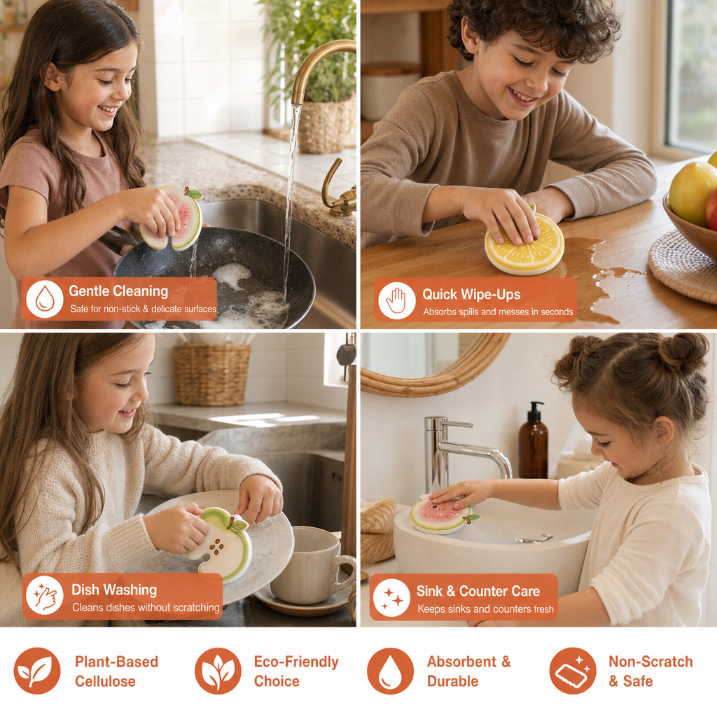 Fruit-Shaped Pop-Up Cellulose Sponges – 3-Pack of Plant-Based, Non-Scratch Kitchen Sponges