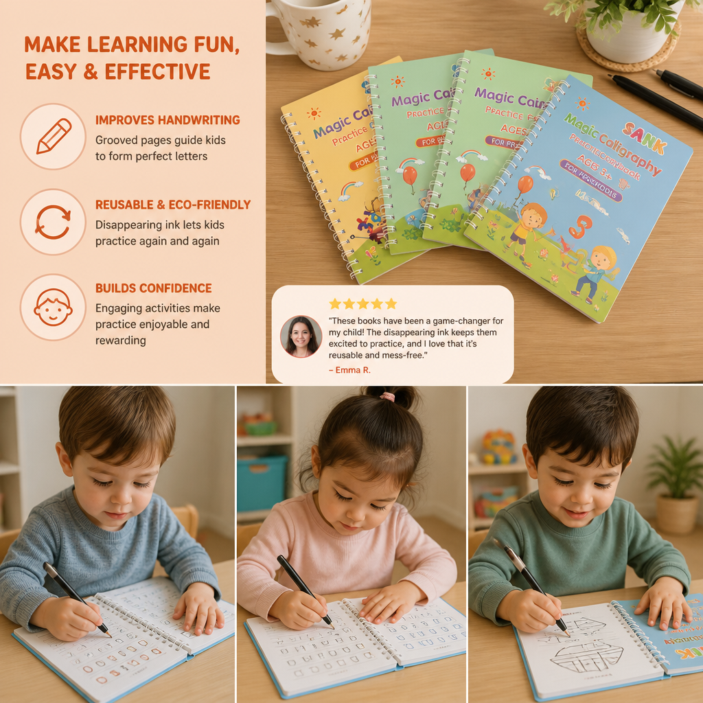 Magic Reusable Grooved Handwriting Practice Books with Disappearing Ink Pens