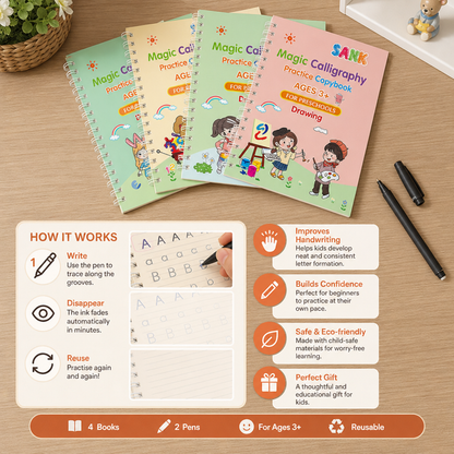 Magic Reusable Grooved Handwriting Practice Books with Disappearing Ink Pens