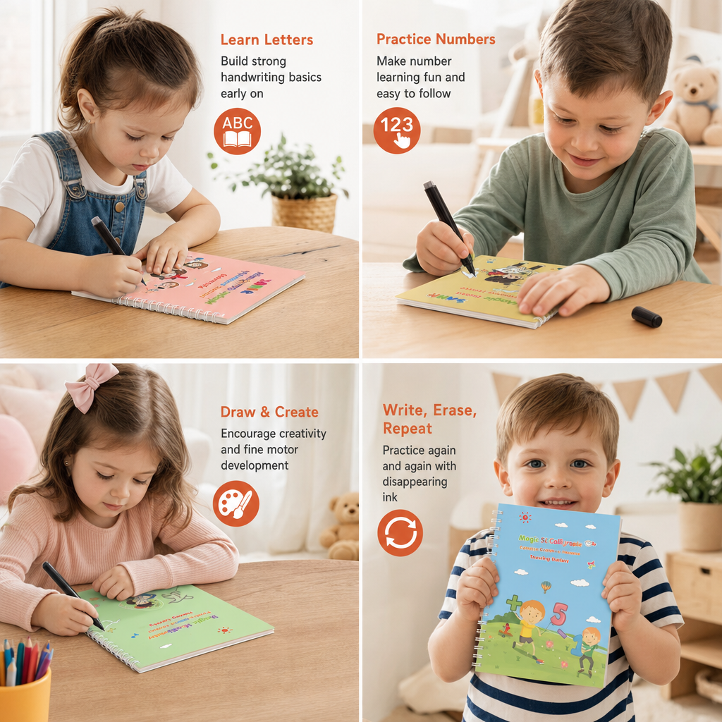 Magic Reusable Grooved Handwriting Practice Books with Disappearing Ink Pens