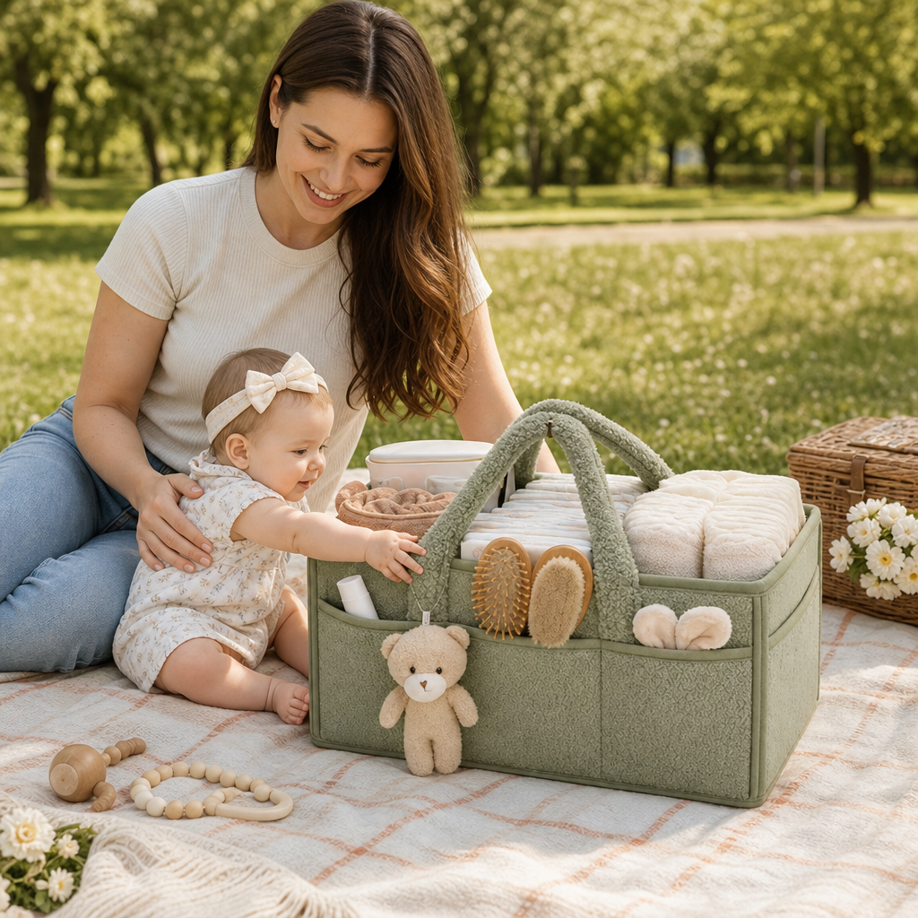 Plush Sherpa Baby Diaper Caddy – Storage Basket for Nursery & Changing Table
