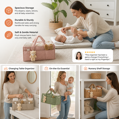Plush Sherpa Baby Diaper Caddy – Storage Basket for Nursery & Changing Table