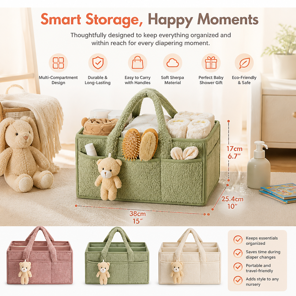 Plush Sherpa Baby Diaper Caddy – Storage Basket for Nursery & Changing Table