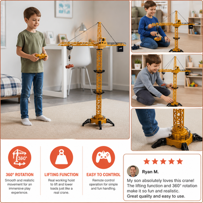 Remote Control Tower Crane – 360° Rotating Construction Toy with Lifting Function
