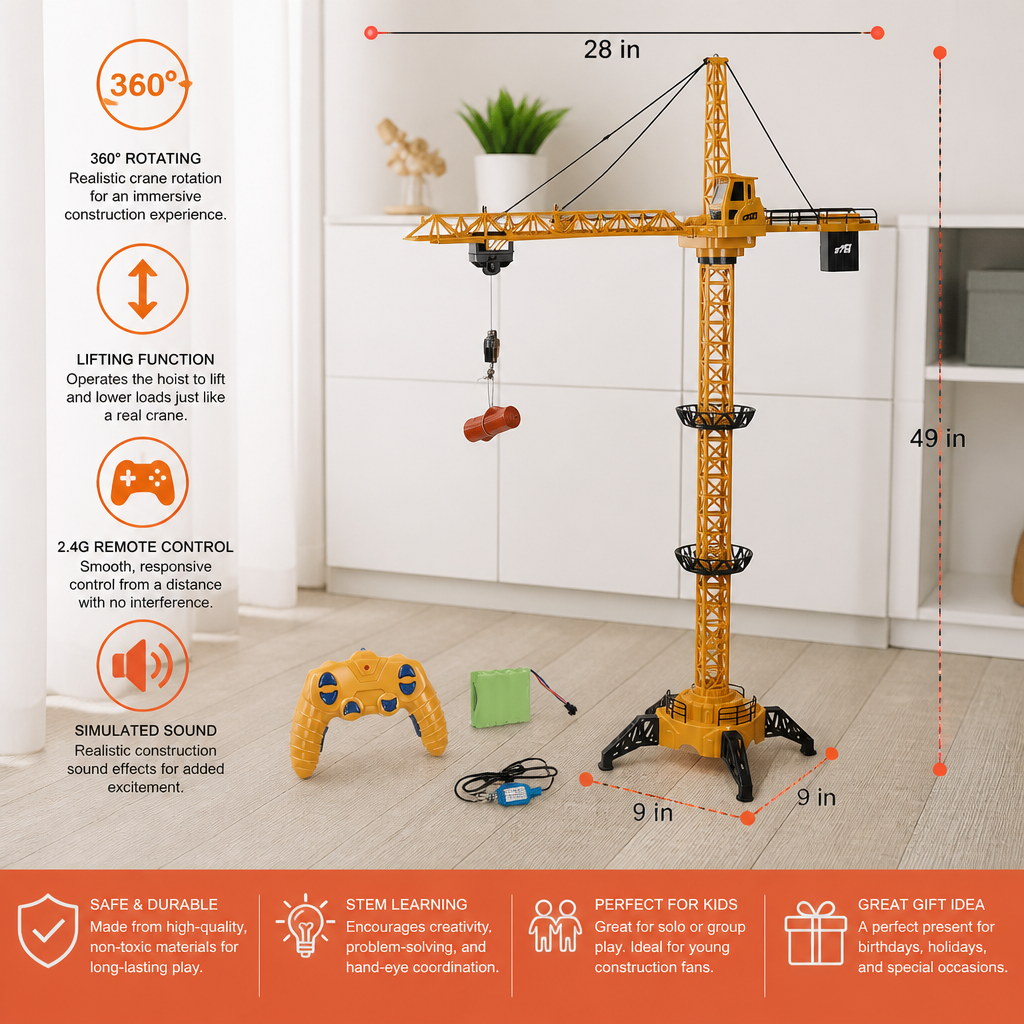 Remote Control Tower Crane – 360° Rotating Construction Toy with Lifting Function