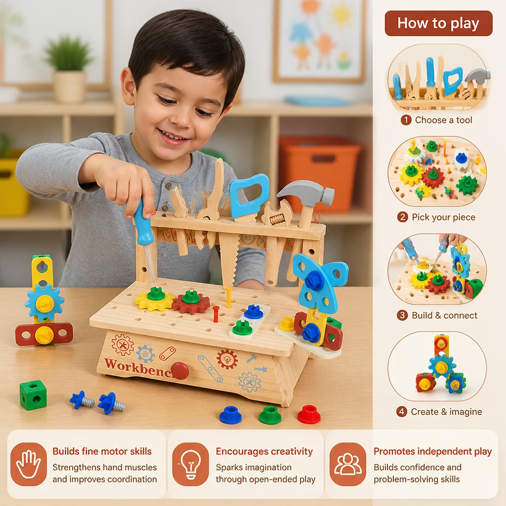 Wooden Kids Workbench & Tool Set – DIY Construction & Fine Motor Skills Learning Toy