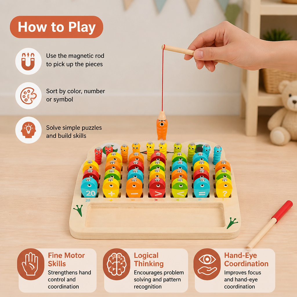 Wooden Magnetic Fishing Game – Alphabet, Math & Fine Motor Skills Learning Toy for Kids