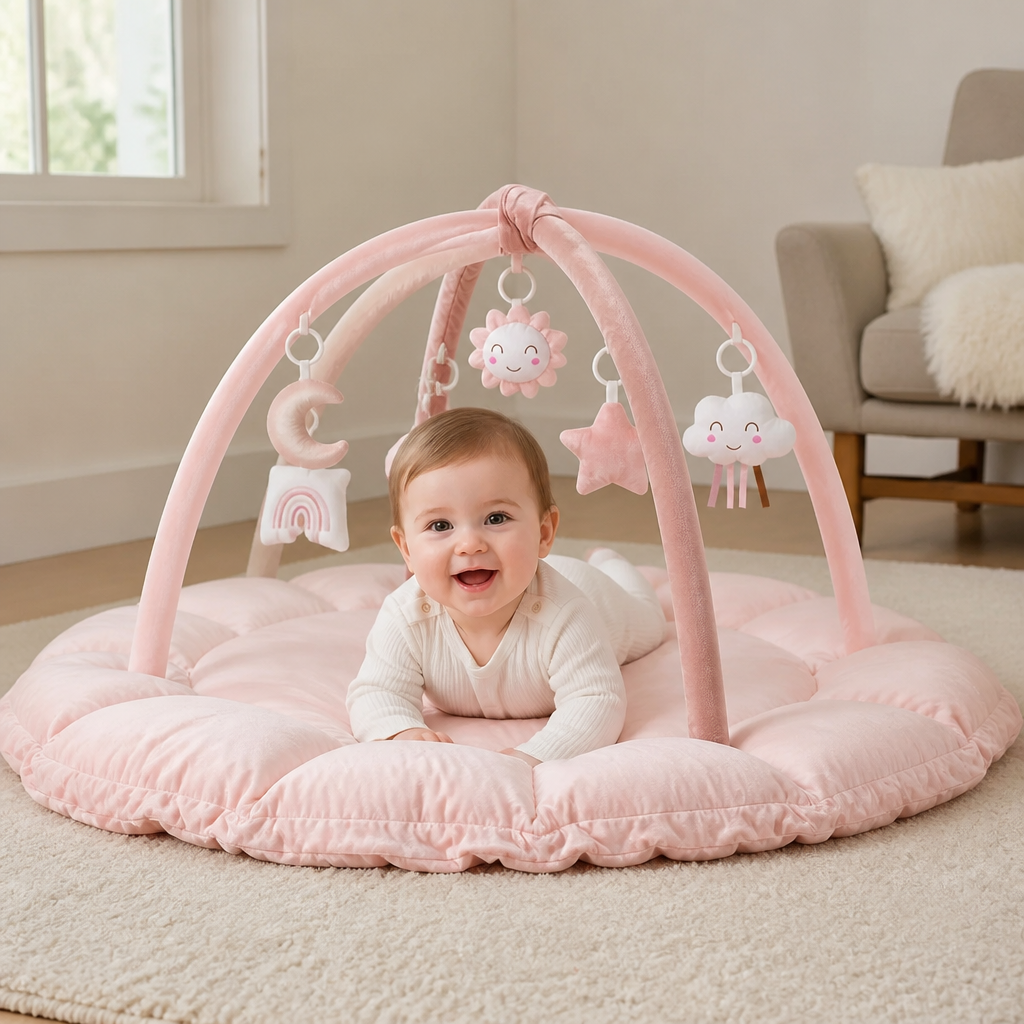 5-in-1 Plush Baby Play Gym, Activity Mat & Bed with Hanging Toys