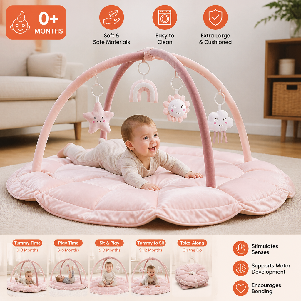5-in-1 Plush Baby Play Gym, Activity Mat & Bed with Hanging Toys