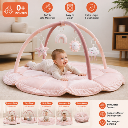 5-in-1 Plush Baby Play Gym, Activity Mat & Bed with Hanging Toys