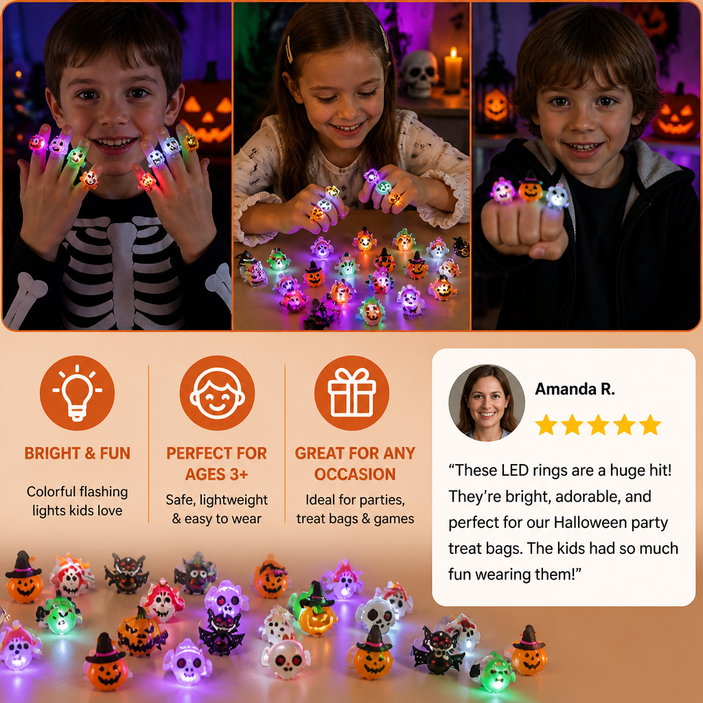 50-Pack Flashing LED Halloween Rings for Kids’ Party Favors & Treat Bags