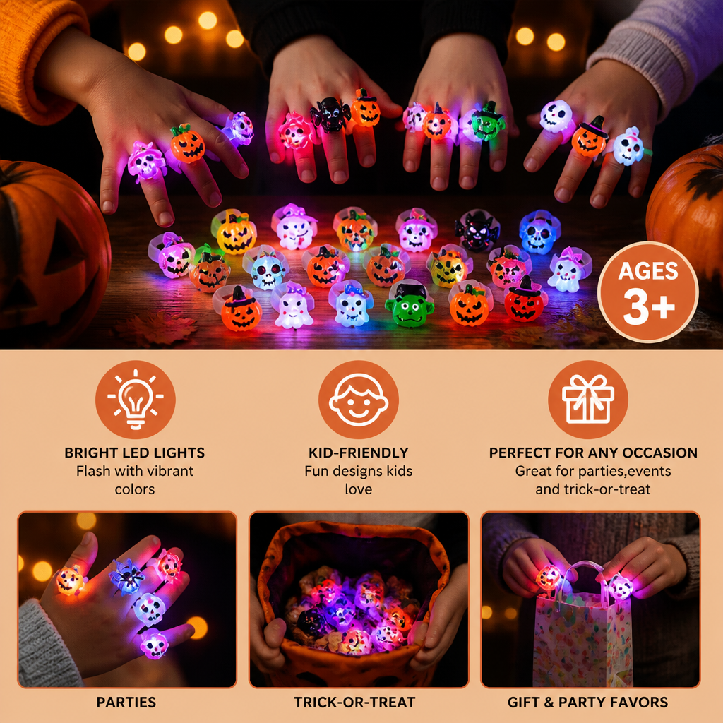 50-Pack Flashing LED Halloween Rings for Kids’ Party Favors & Treat Bags