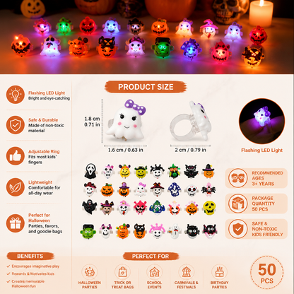 50-Pack Flashing LED Halloween Rings for Kids’ Party Favors & Treat Bags