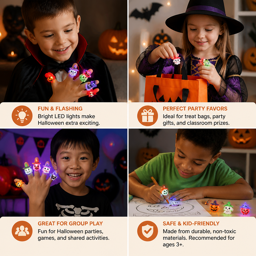 50-Pack Flashing LED Halloween Rings for Kids’ Party Favors & Treat Bags