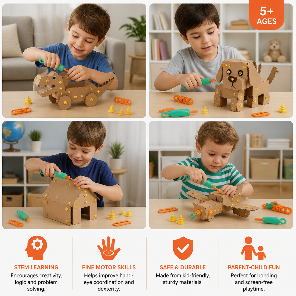 Safe 100-Piece STEM Cardboard Construction Kit with Tool Set for Kids