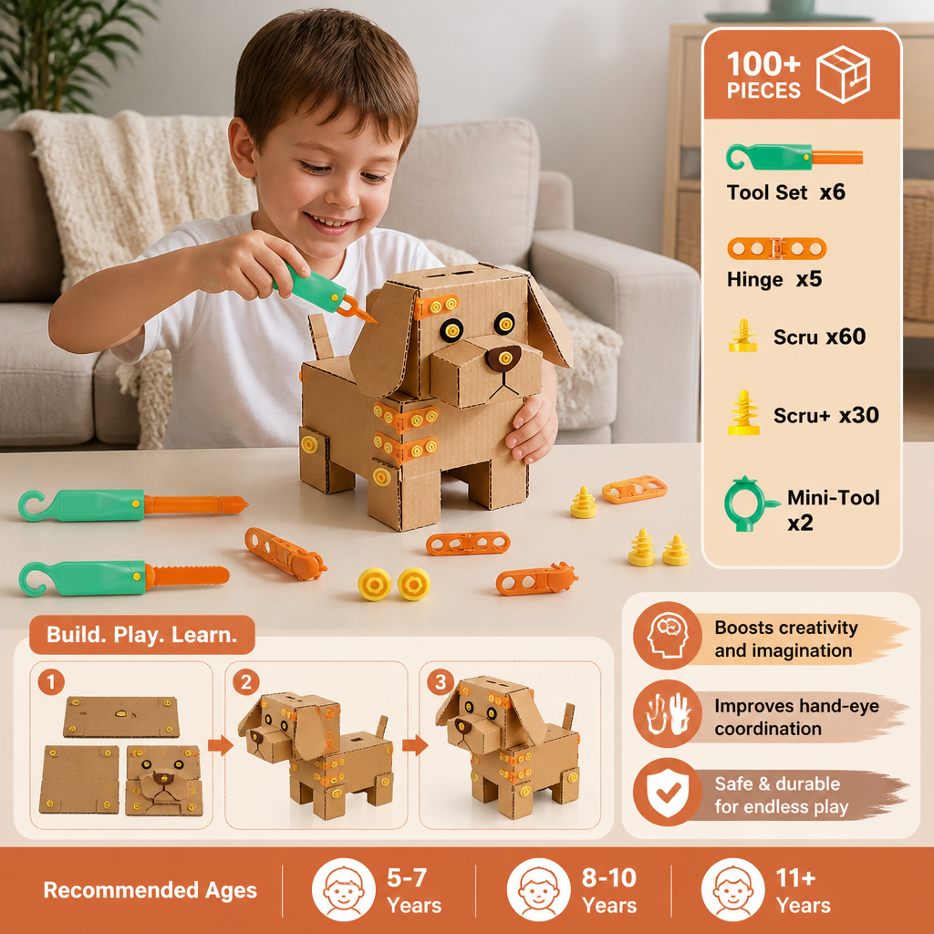 Safe 100-Piece STEM Cardboard Construction Kit with Tool Set for Kids