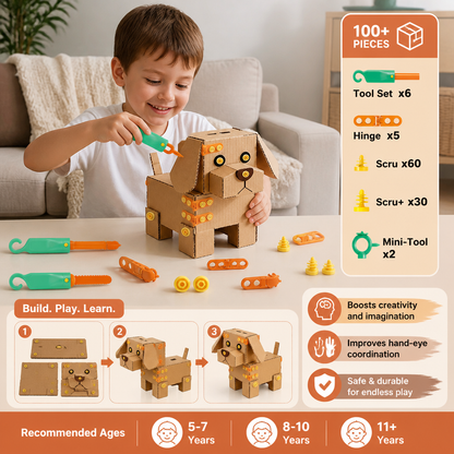 Safe 100-Piece STEM Cardboard Construction Kit with Tool Set for Kids
