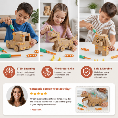 Safe 100-Piece STEM Cardboard Construction Kit with Tool Set for Kids