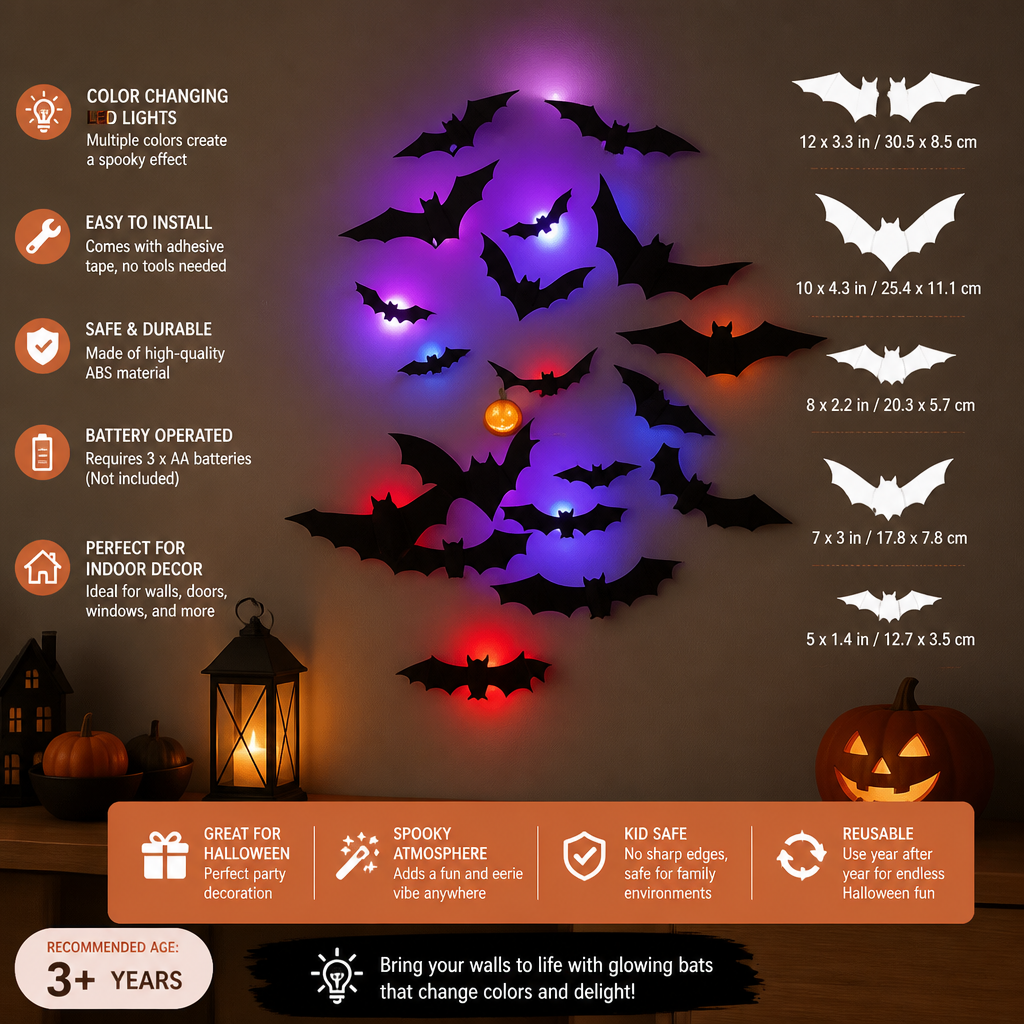 3D LED Halloween Bat Wall Decoration with Color-Changing Lights