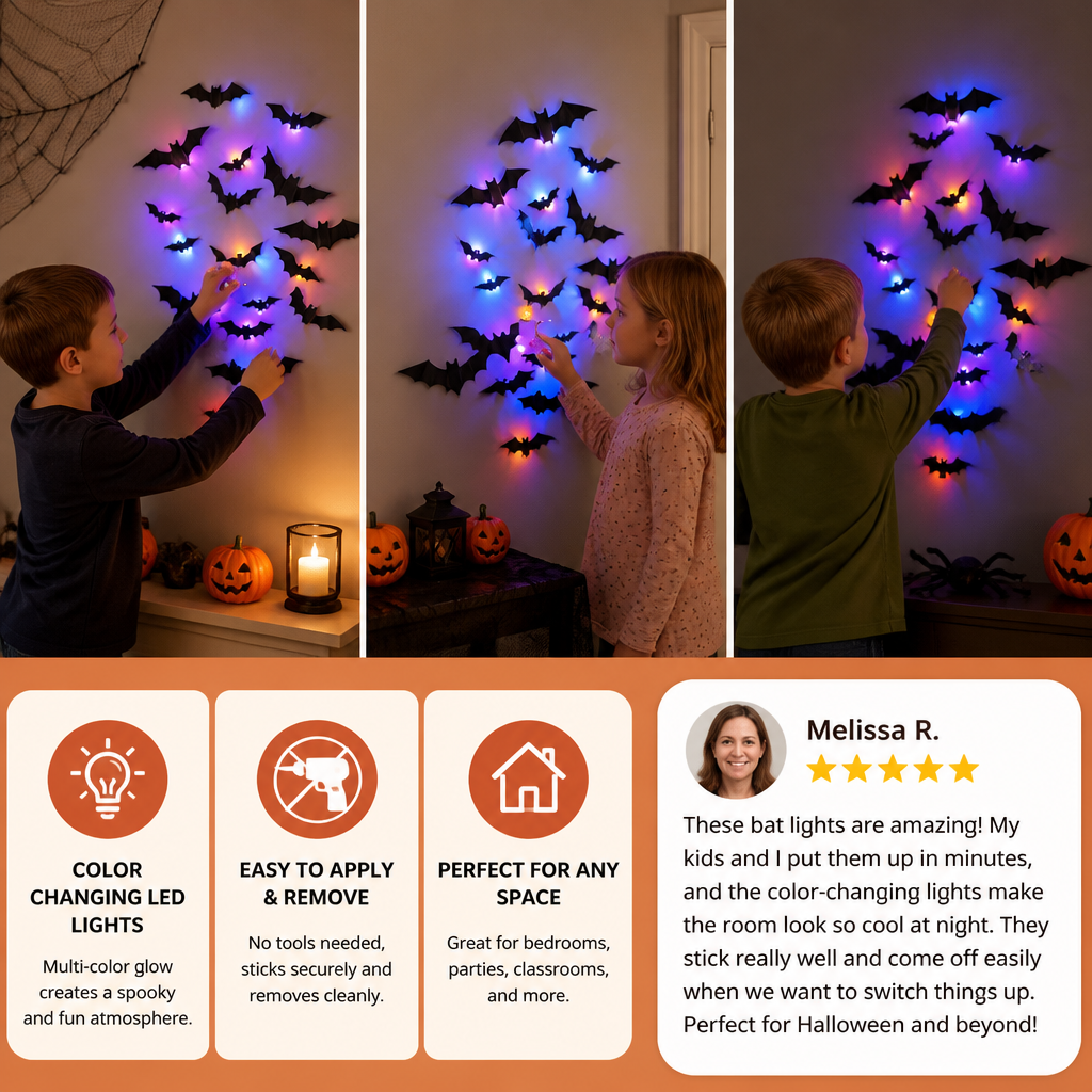 3D LED Halloween Bat Wall Decoration with Color-Changing Lights
