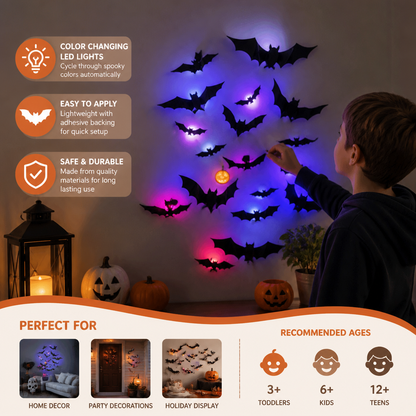 3D LED Halloween Bat Wall Decoration with Color-Changing Lights