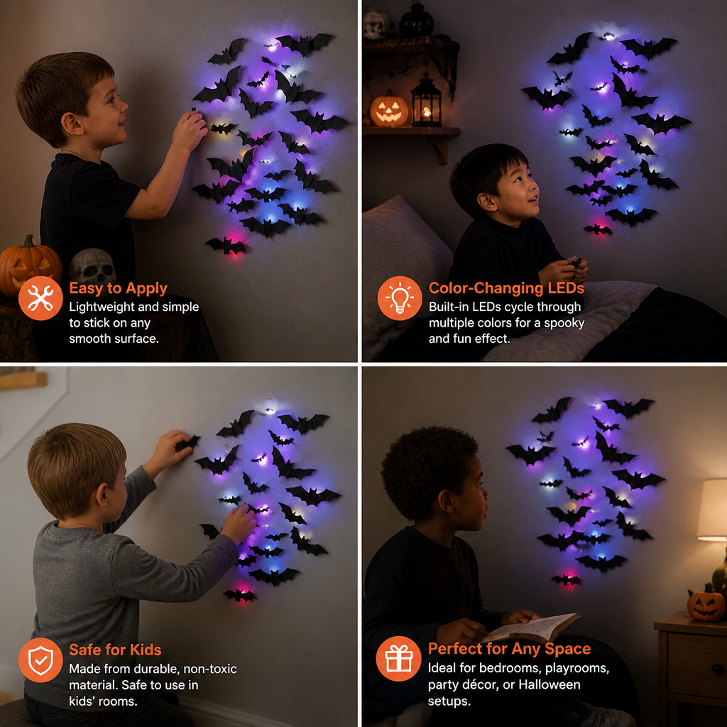 3D LED Halloween Bat Wall Decoration with Color-Changing Lights