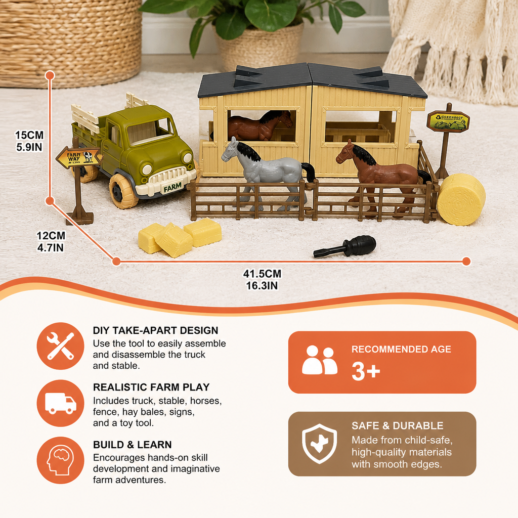 DIY Take-Apart Farm Truck & Horse Stable Play Set for Kids