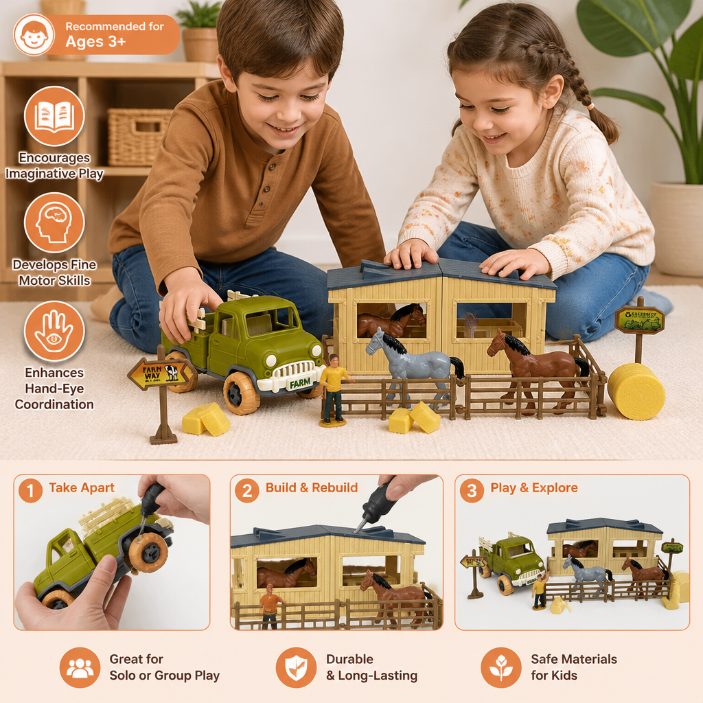 DIY Take-Apart Farm Truck & Horse Stable Play Set for Kids