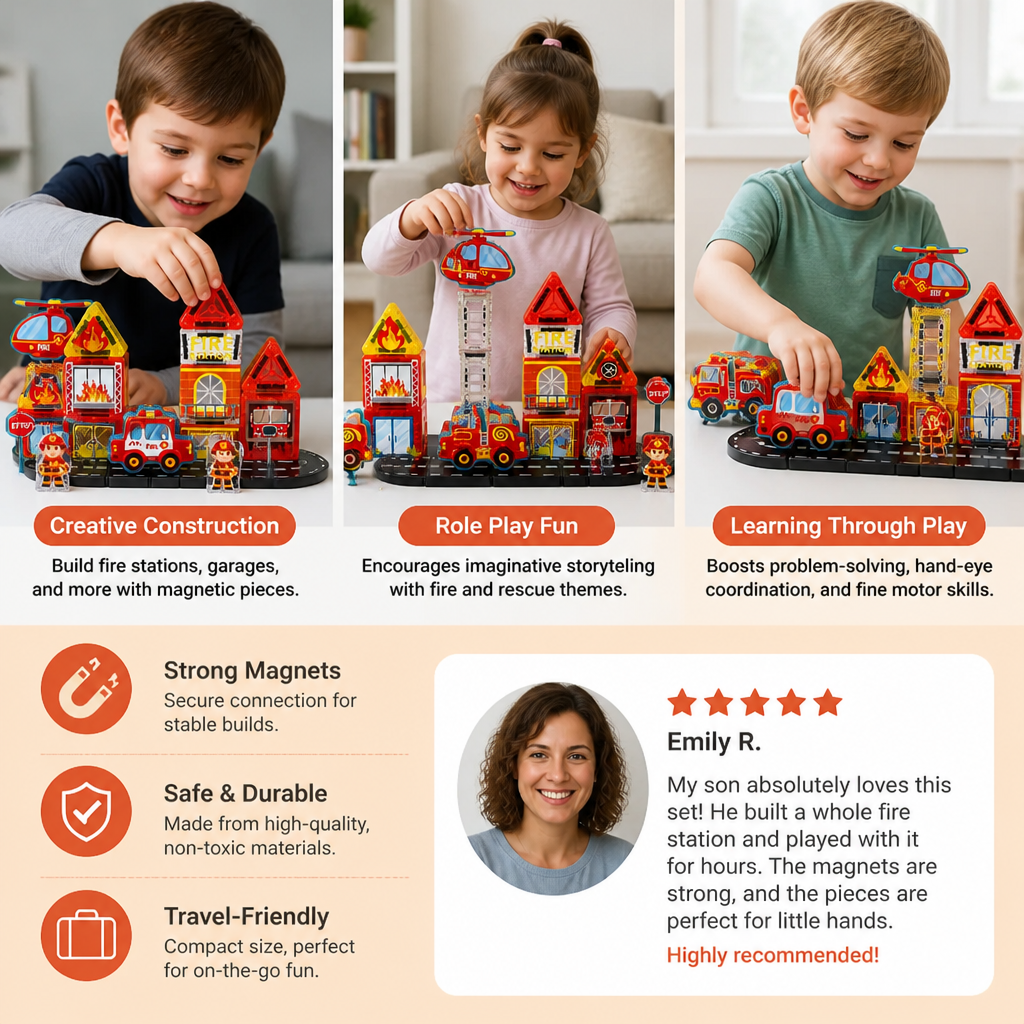 40-Piece Magnetic Travel Building Set with Construction, Fire Truck & Police Vehicles