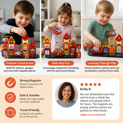 40-Piece Magnetic Travel Building Set with Construction, Fire Truck & Police Vehicles