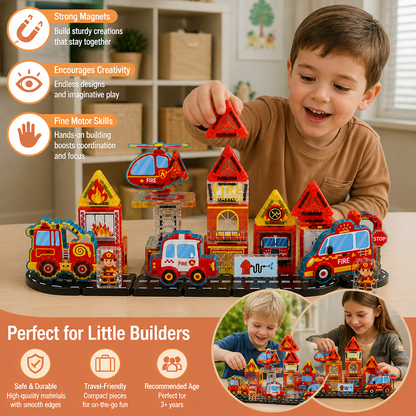 40-Piece Magnetic Travel Building Set with Construction, Fire Truck & Police Vehicles