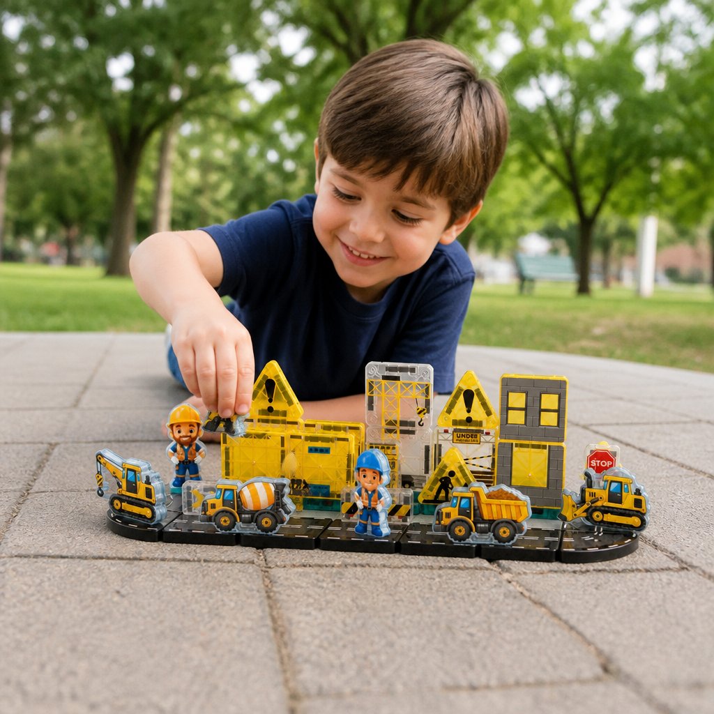 40-Piece Magnetic Travel Building Set with Construction, Fire Truck & Police Vehicles