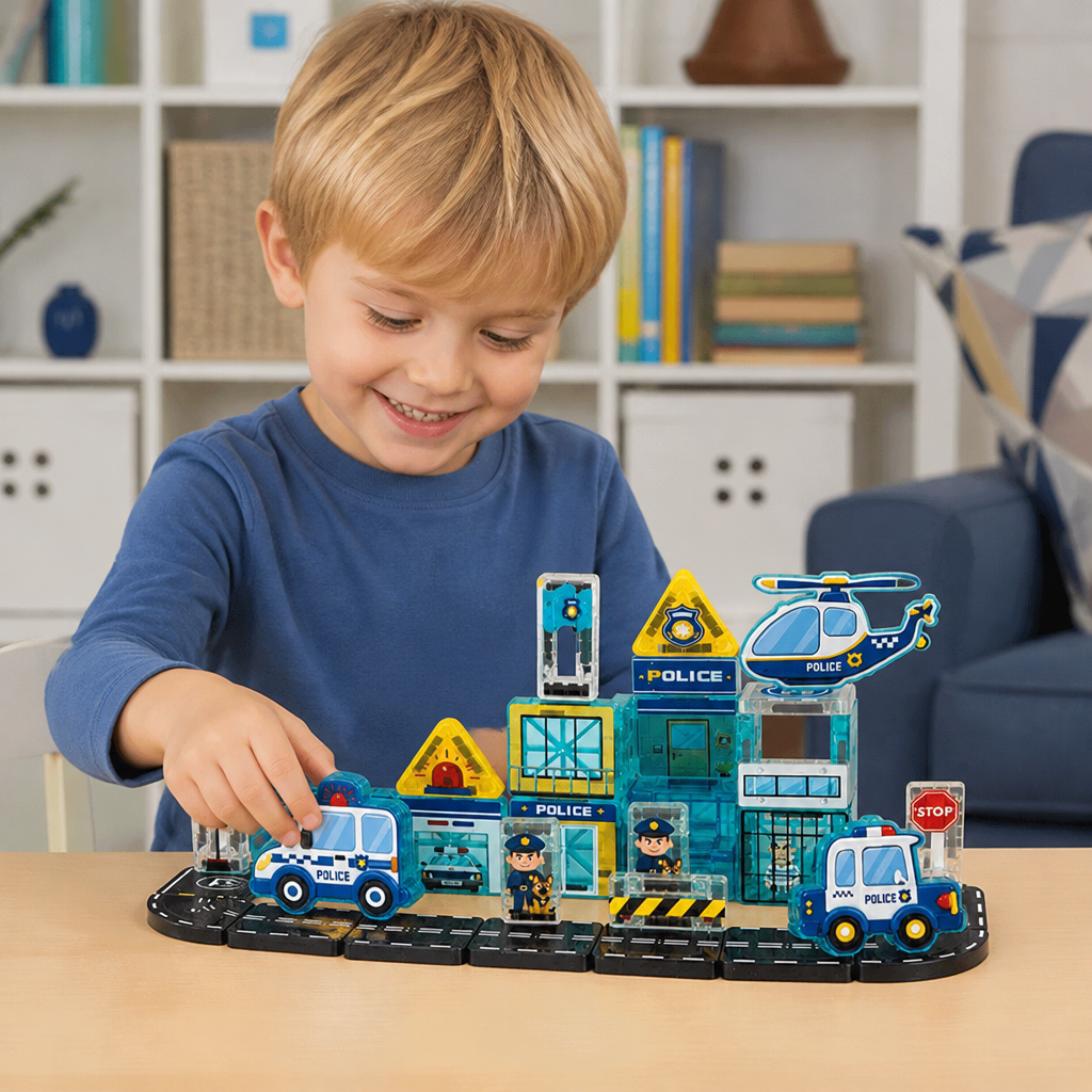 40-Piece Magnetic Travel Building Set with Construction, Fire Truck & Police Vehicles