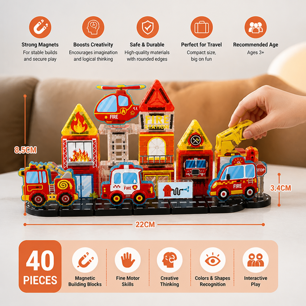 40-Piece Magnetic Travel Building Set with Construction, Fire Truck & Police Vehicles