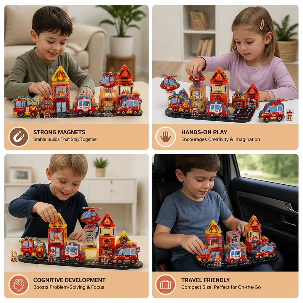40-Piece Magnetic Travel Building Set with Construction, Fire Truck & Police Vehicles