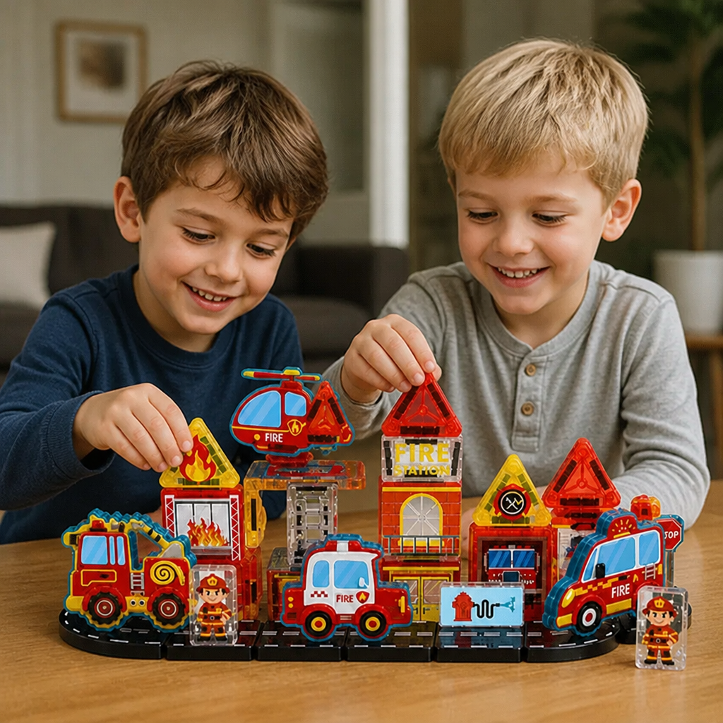 40-Piece Magnetic Travel Building Set with Construction, Fire Truck & Police Vehicles